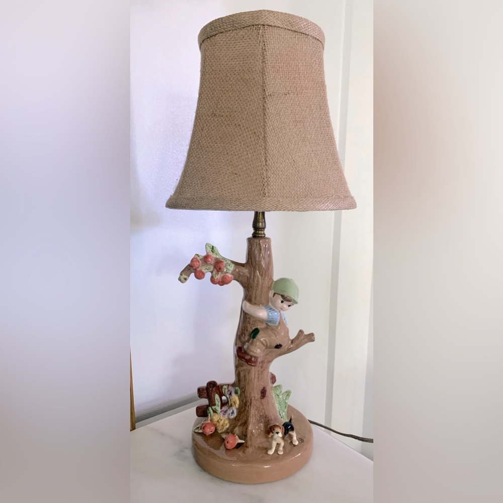 Custom Vintage Hand Painted Hummel Style Little Boy w/Dog Porcelain Lamp